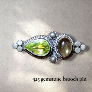 Sterling Gemstone Vintage Brooch Pin Peridot & Citrine 925 Silver